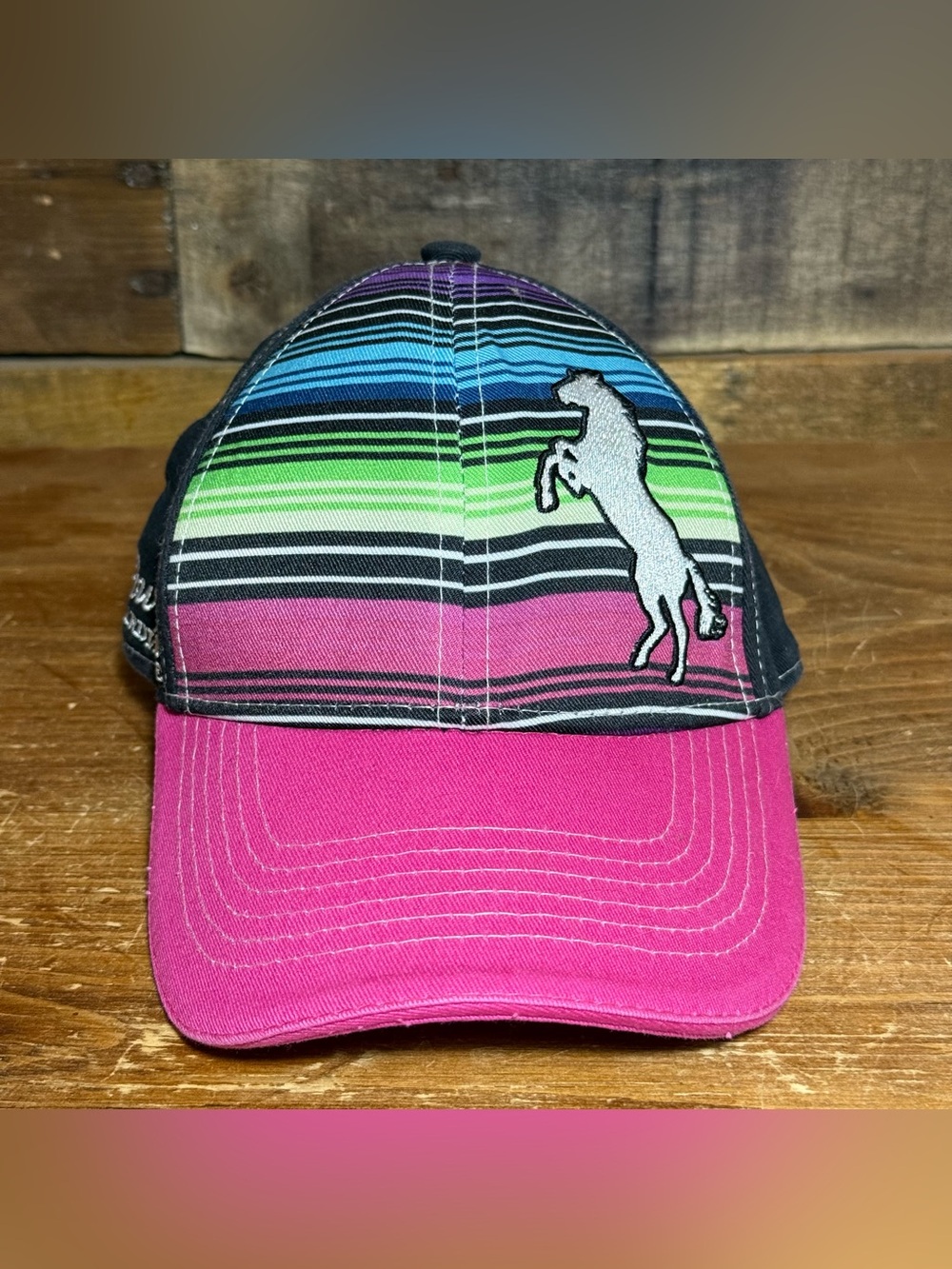 Kids Pink Brim Striped Horse Patch Baseball Cap